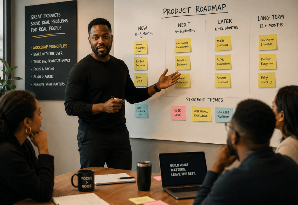 Leadership team working through a product strategy and roadmap on the wall.
