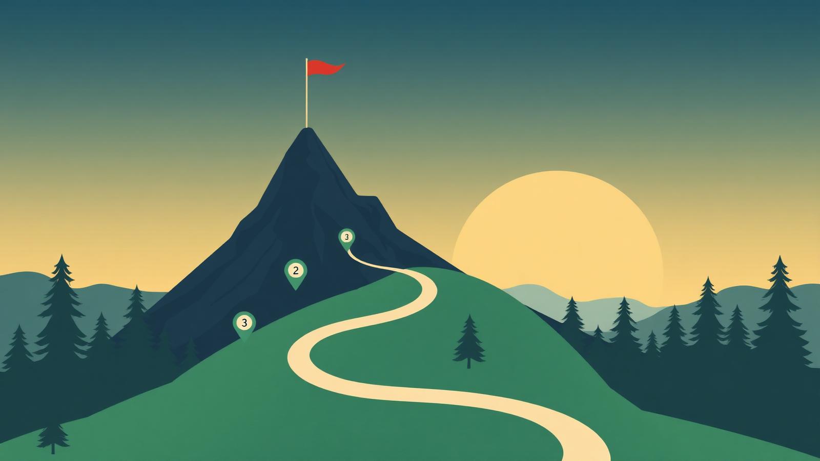 Editorial illustration of a mountain with a winding path and three pin markers leading to a red summit flag.
